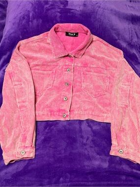 BLING!!! Blue B Cropped Pink RHINESTONE Corduroy Jean Jacket